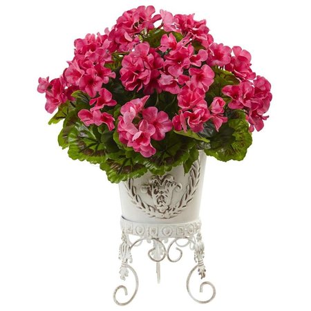 NEARLY NATURAL Geranium with Metal Planter UV Resistant Indoor and Outdoor 6885-BU